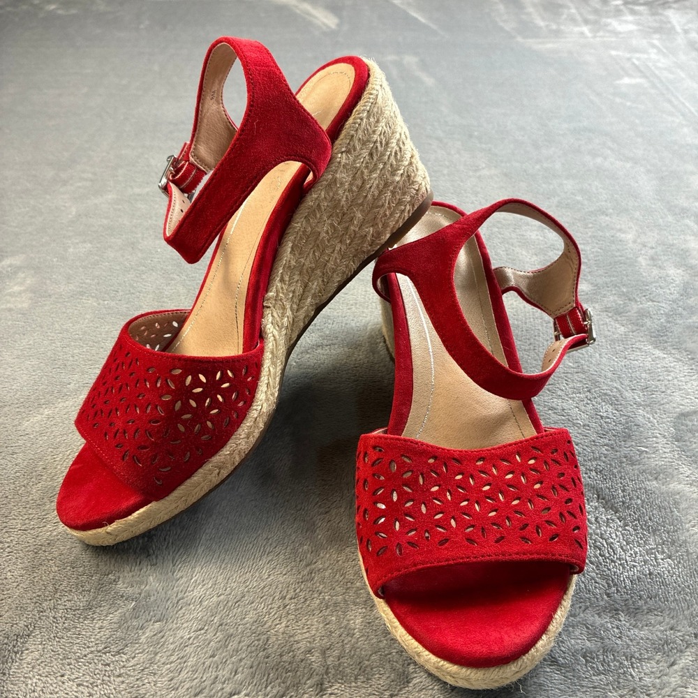 Vionic Ariel Red Suede Laser Cut Espadrille Wedge Sandals Womens 8M VS387 - Picture 8 of 16